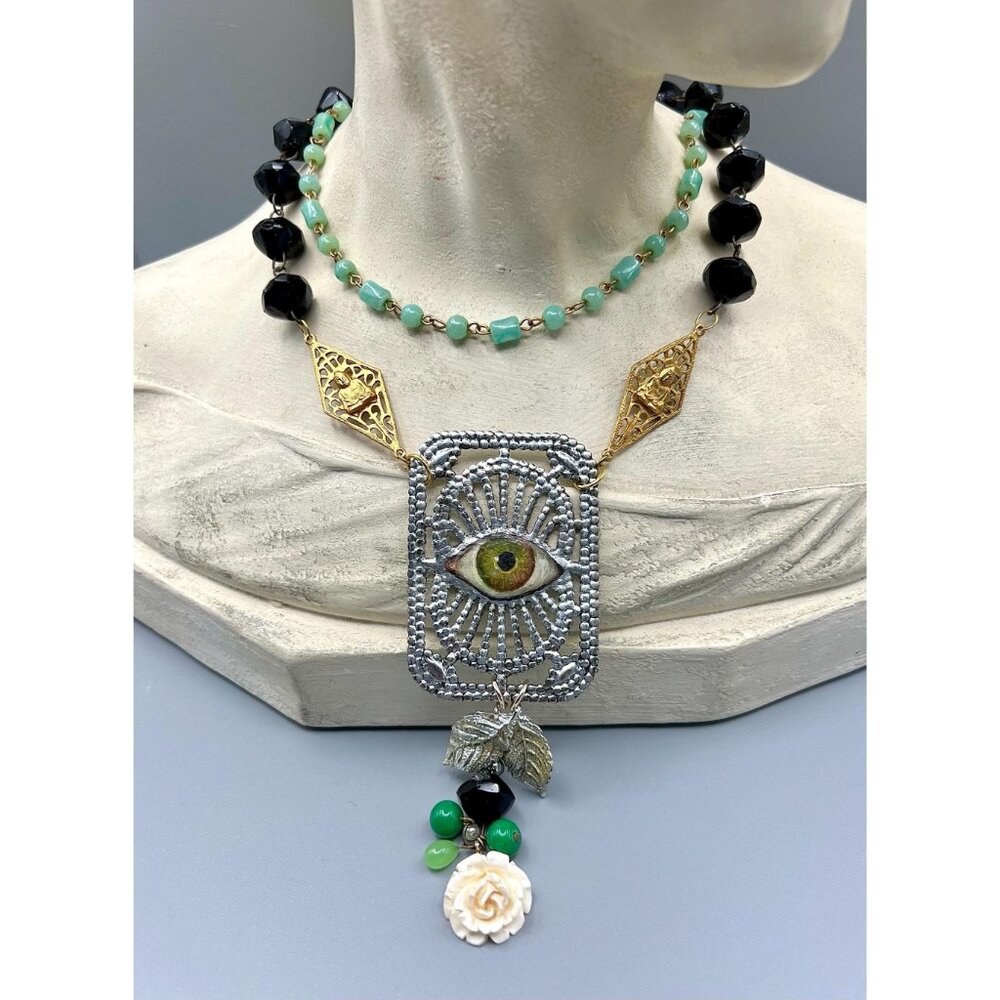 Lovers Eye Painting Assemblage Repurposed Layering Necklace by Dee Sprague
